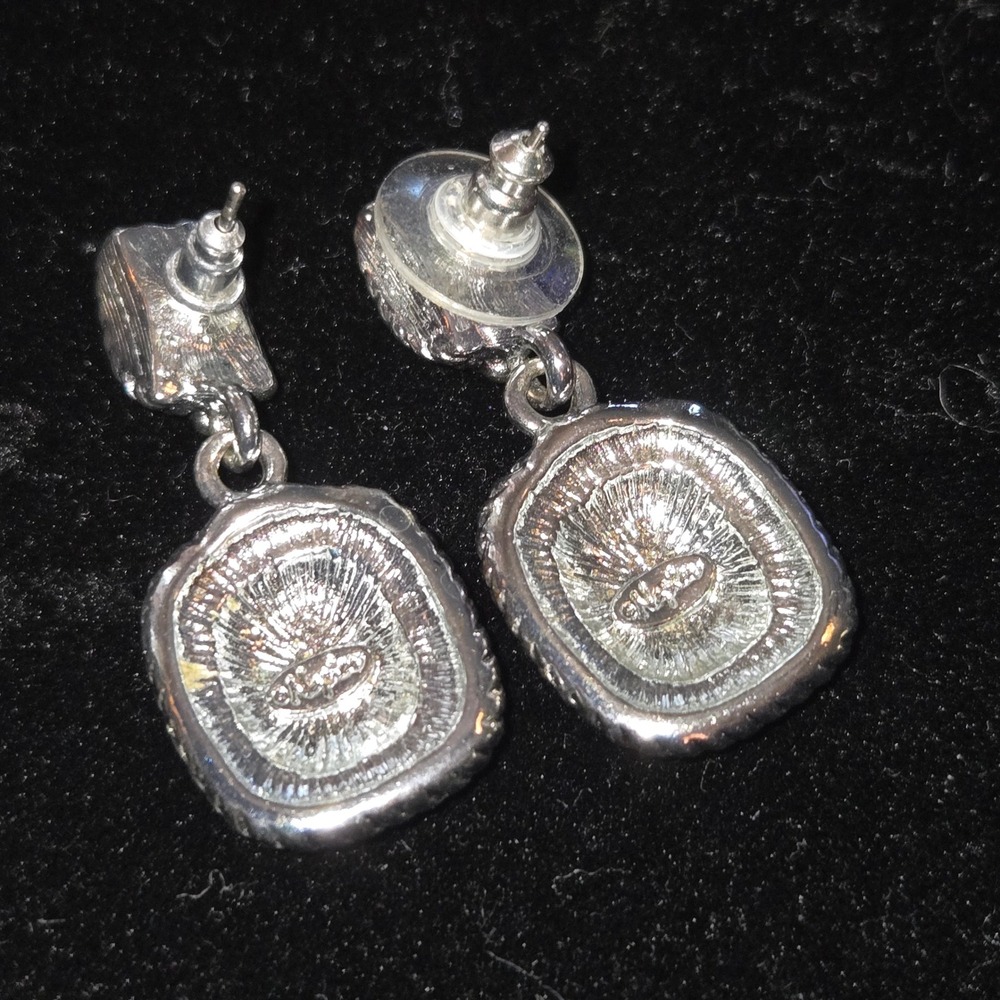 Napier Two Tone Silver Gold Textured Rope Border Rectangular Drop Earrings - Picture 5 of 6